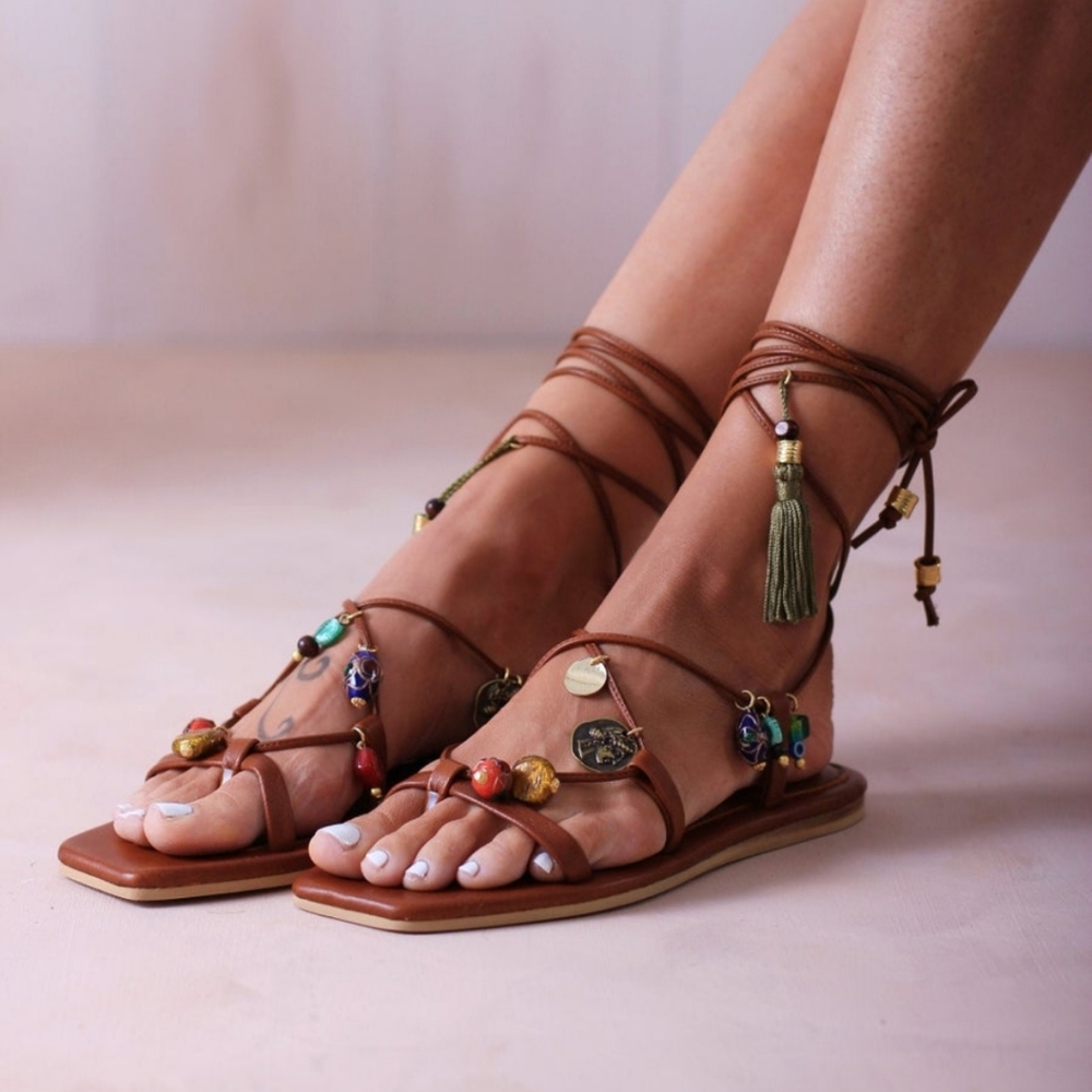 Handmade Genuine Leather Semi Precious Stone Lace Up Sandals